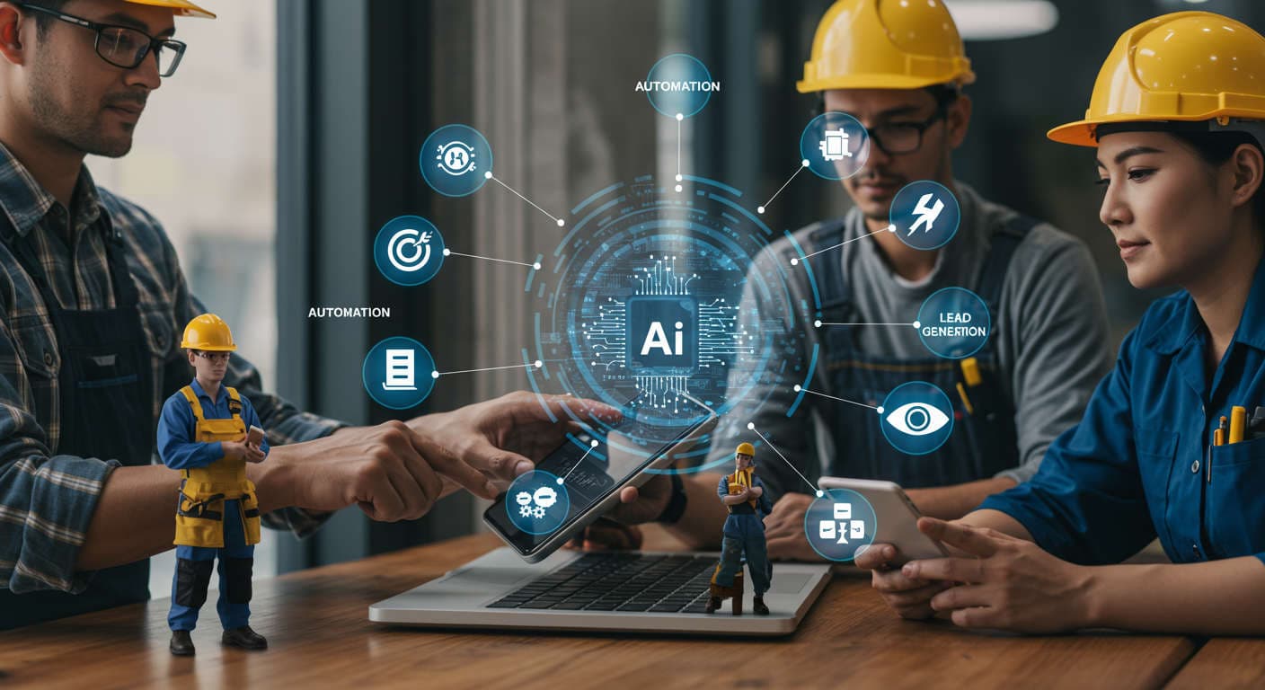 Diverse local service providers using AI technology with icons for automation, SEO, lead generation, and scheduling in a modern small business setting