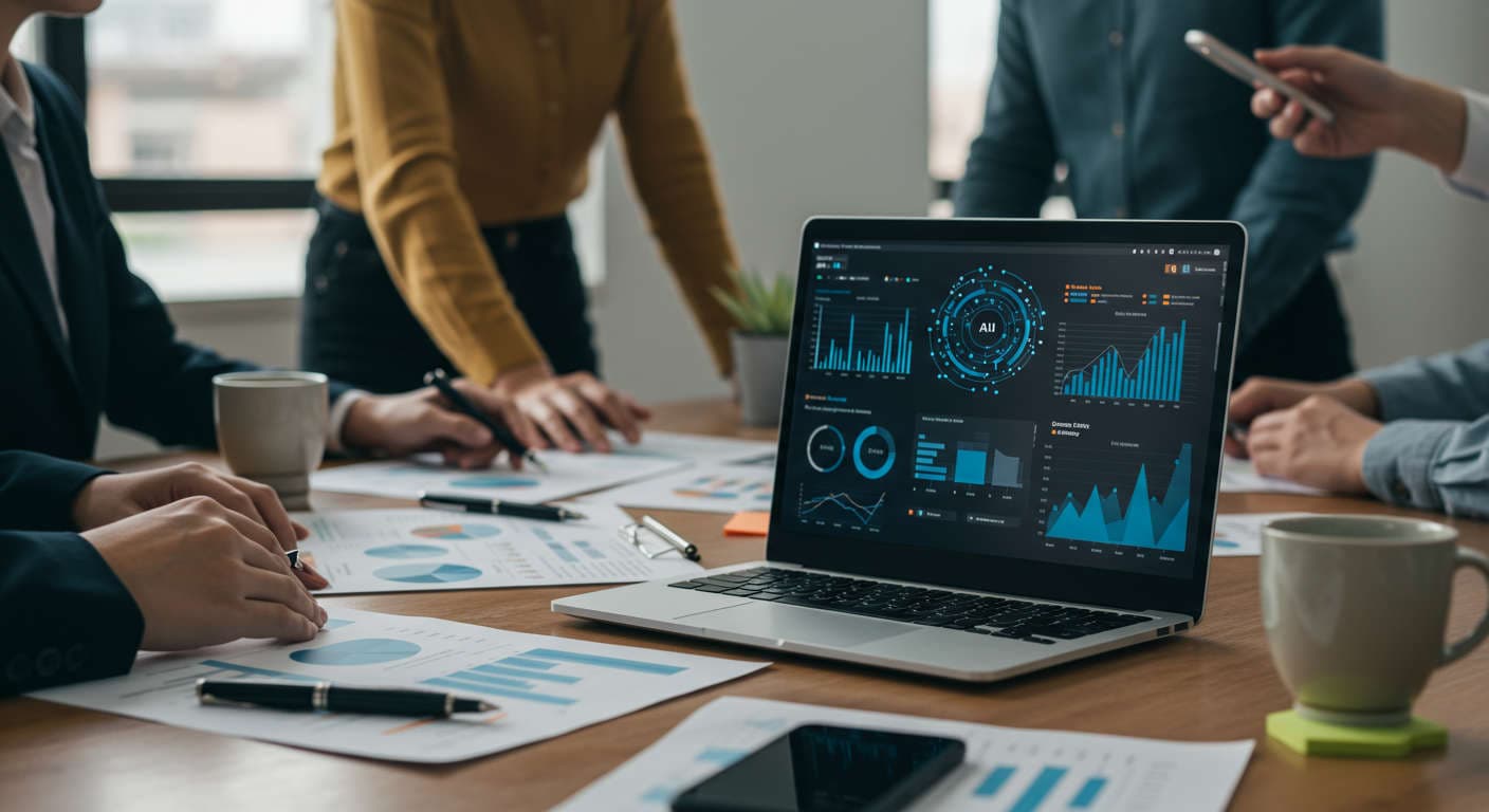 Modern office workspace with laptop showing AI competitor analysis dashboards, business documents, and diverse professionals collaborating, symbolising no-code AI tools for SMB growth