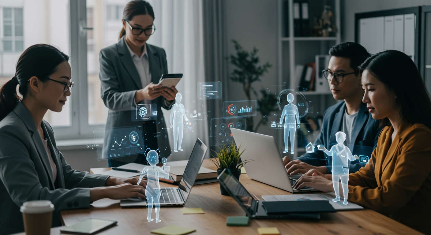 Diverse small business owners and startup entrepreneurs using AI virtual employees for ecommerce, local services, real estate, healthcare, and hospitality sectors, illustrating AI-driven marketing and lead generation in a modern office setting