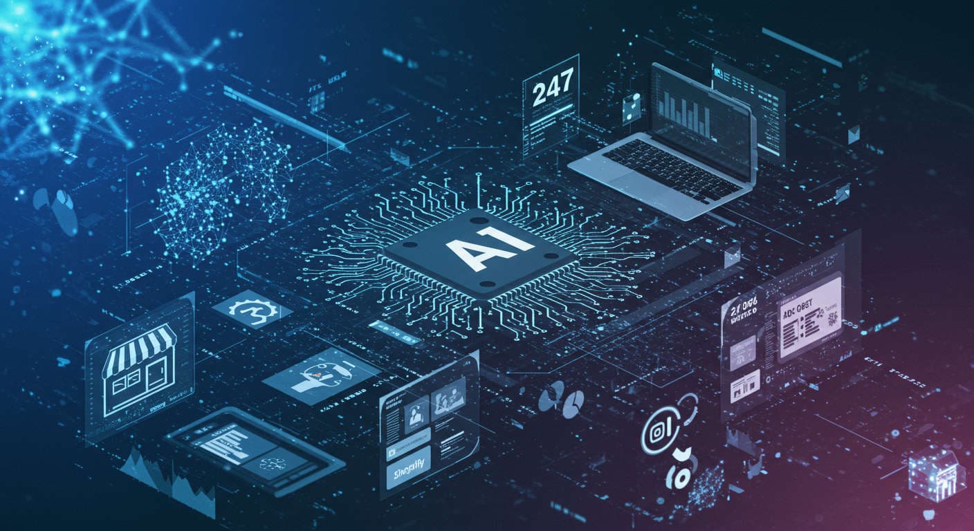 Digital collage of AI technology and business automation with neural networks, data streams, and small business icons representing 24/7 AI-driven productivity for SMBs and startups