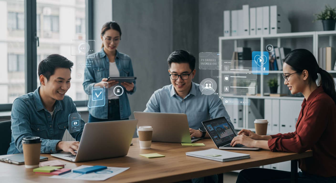 Small business owners and startup founders collaborating with AI virtual employees on digital marketing automation and content creation in a modern office setting