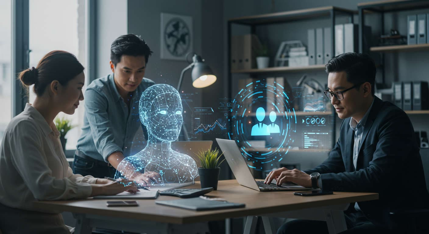 Modern small business office with diverse team collaborating alongside a futuristic AI virtual employee holographic interface, symbolising automation and productivity for SMBs.