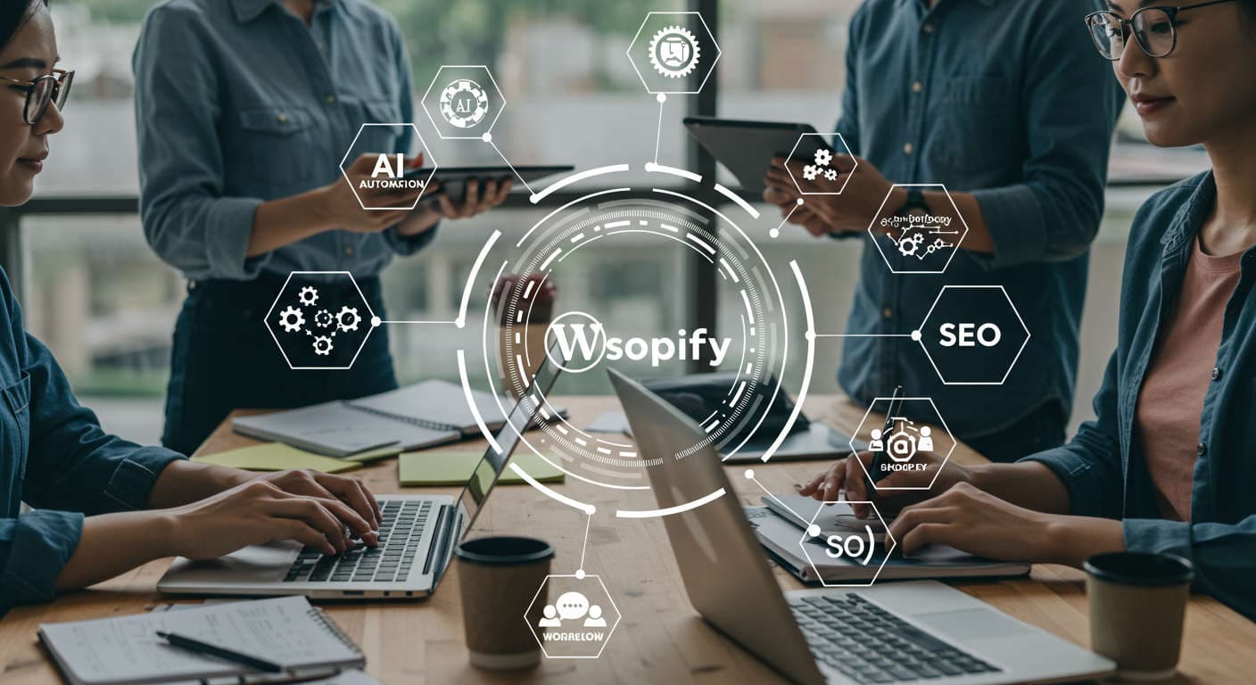 Small business owners using laptops and tablets with WordPress and Shopify logos, surrounded by AI automation and marketing icons in a modern office setting