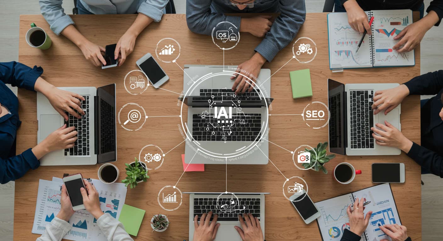 Small business owners using laptops with AI automation and marketing icons representing daily content publishing and SEO growth