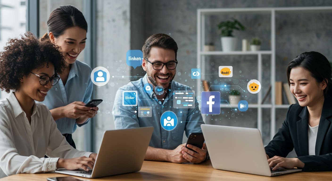 Small business owners using AI technology on laptops and smartphones with social media icons floating around, representing automated social media scheduling and publishing for SMBs.