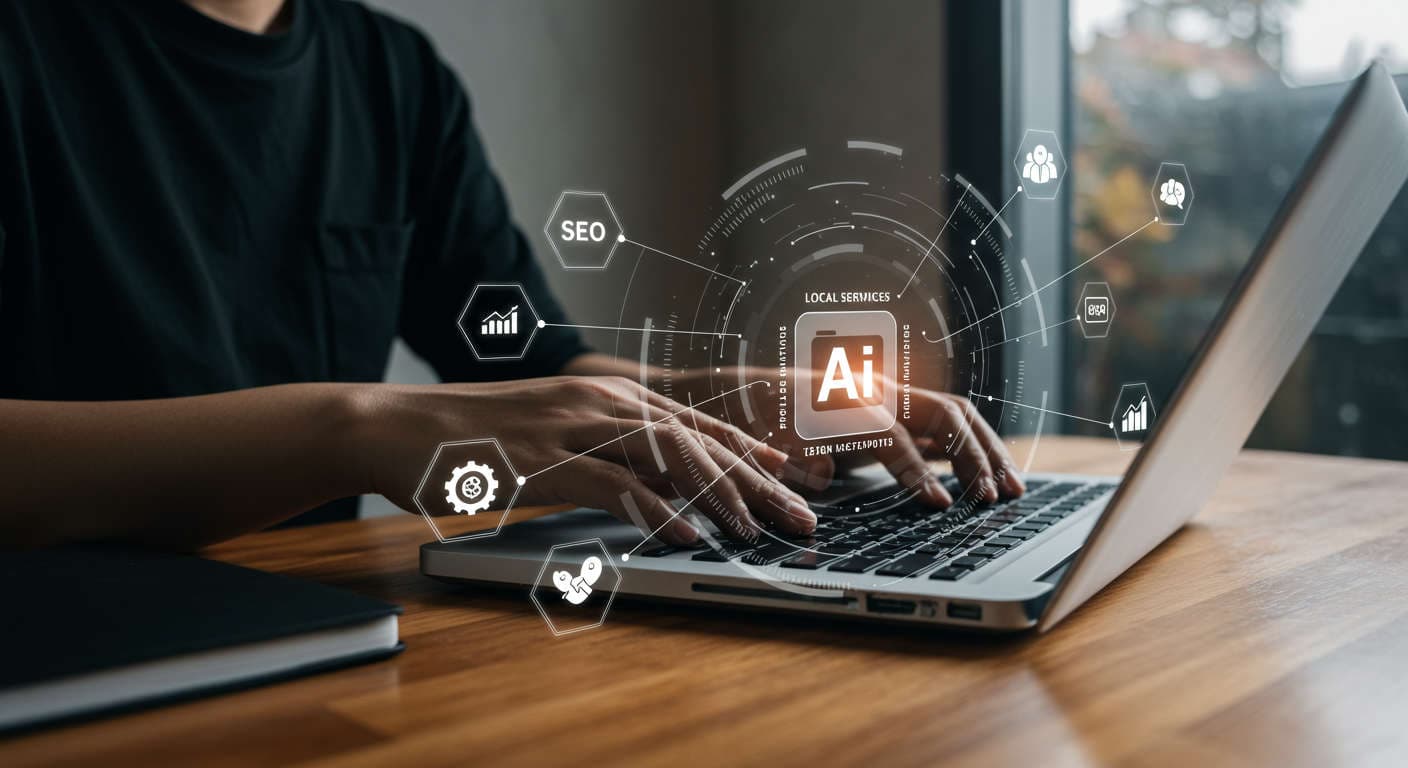 Small business owner using laptop with AI automation icons for SEO, scheduling, reviews, and lead generation around them in a modern local service setting
