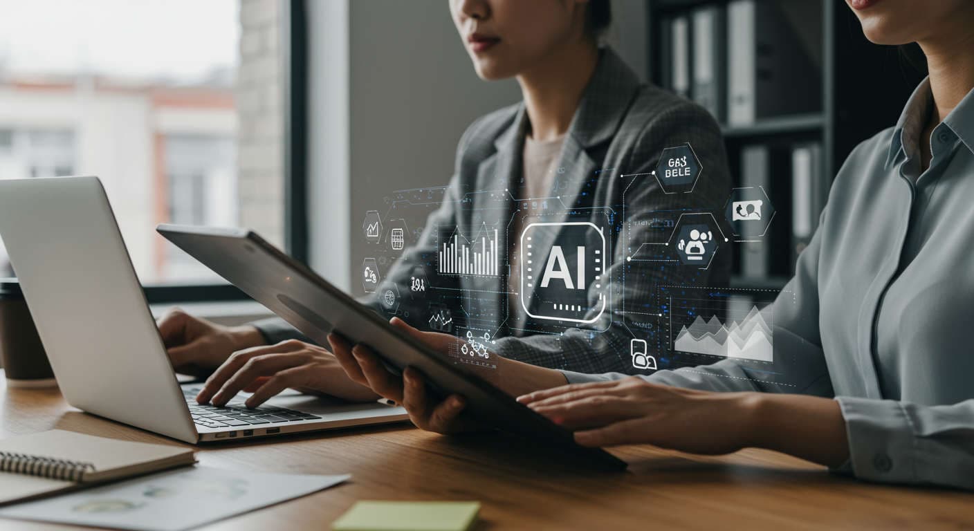A modern small business office with a diverse team using AI technology on laptops and tablets, displaying digital data and automation icons, symbolising AI lead generation and nurturing automation for SMBs.