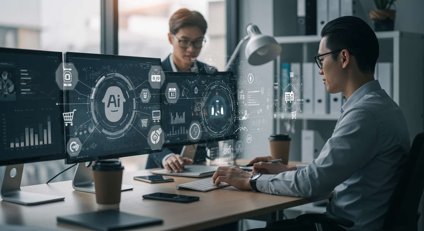 Modern small business office with professionals using AI technology for workflow automation and ecommerce management