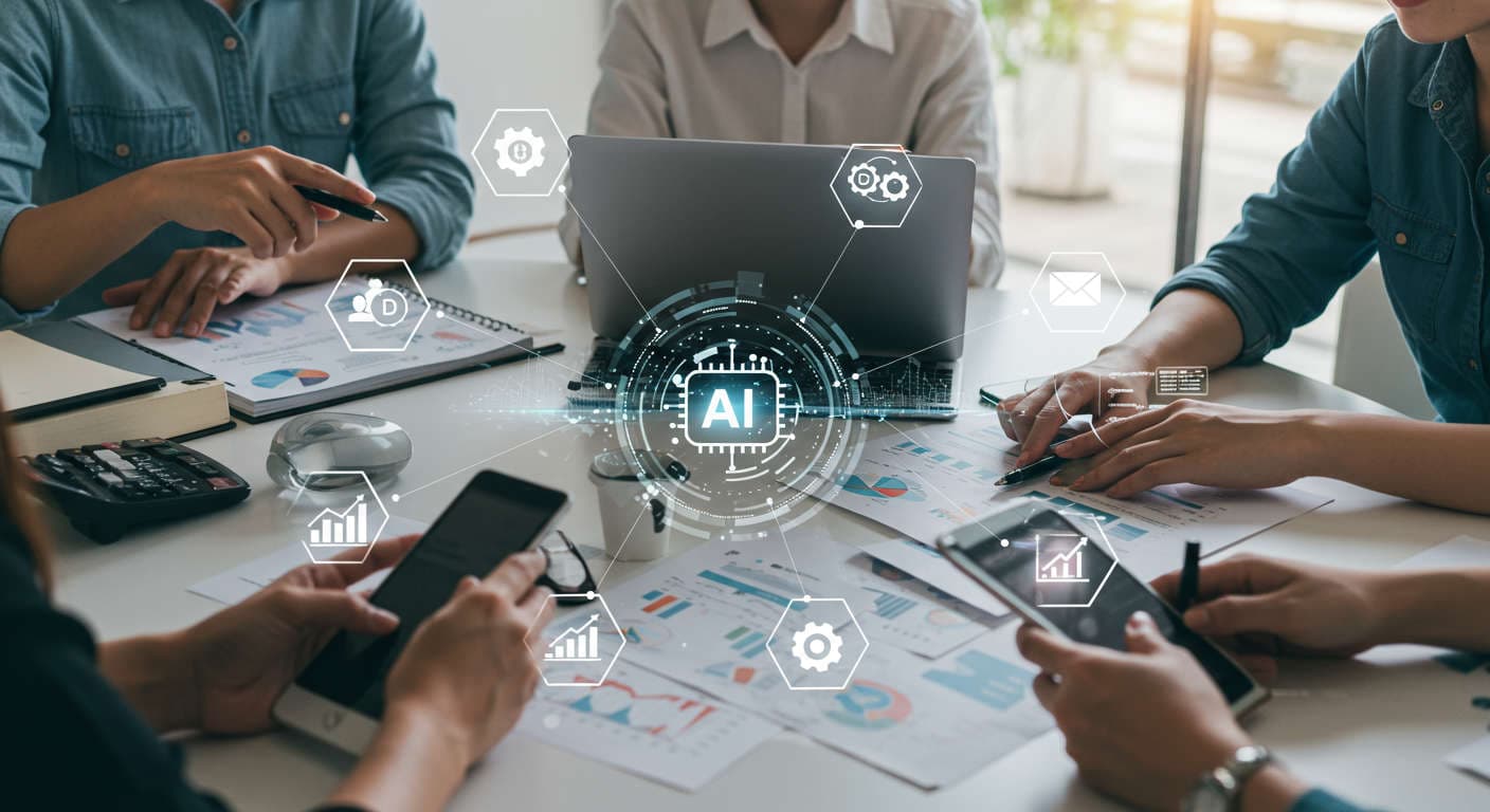 Small business owners and startup entrepreneurs using AI-powered email marketing automation on laptops and mobile devices with digital icons representing AI, automation, and data analytics in a modern workspace