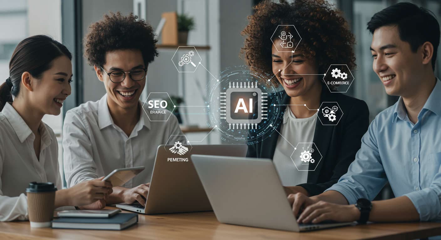 Small business owners using AI technology for marketing automation and growth in a modern office environment