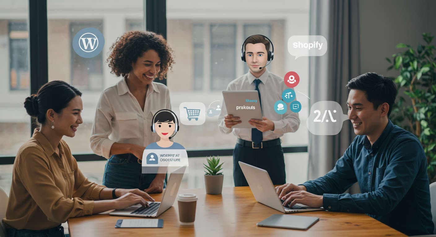 Diverse small business owners interacting with AI virtual employees on digital devices, representing seamless 24/7 customer support automation with WordPress and Shopify integration.