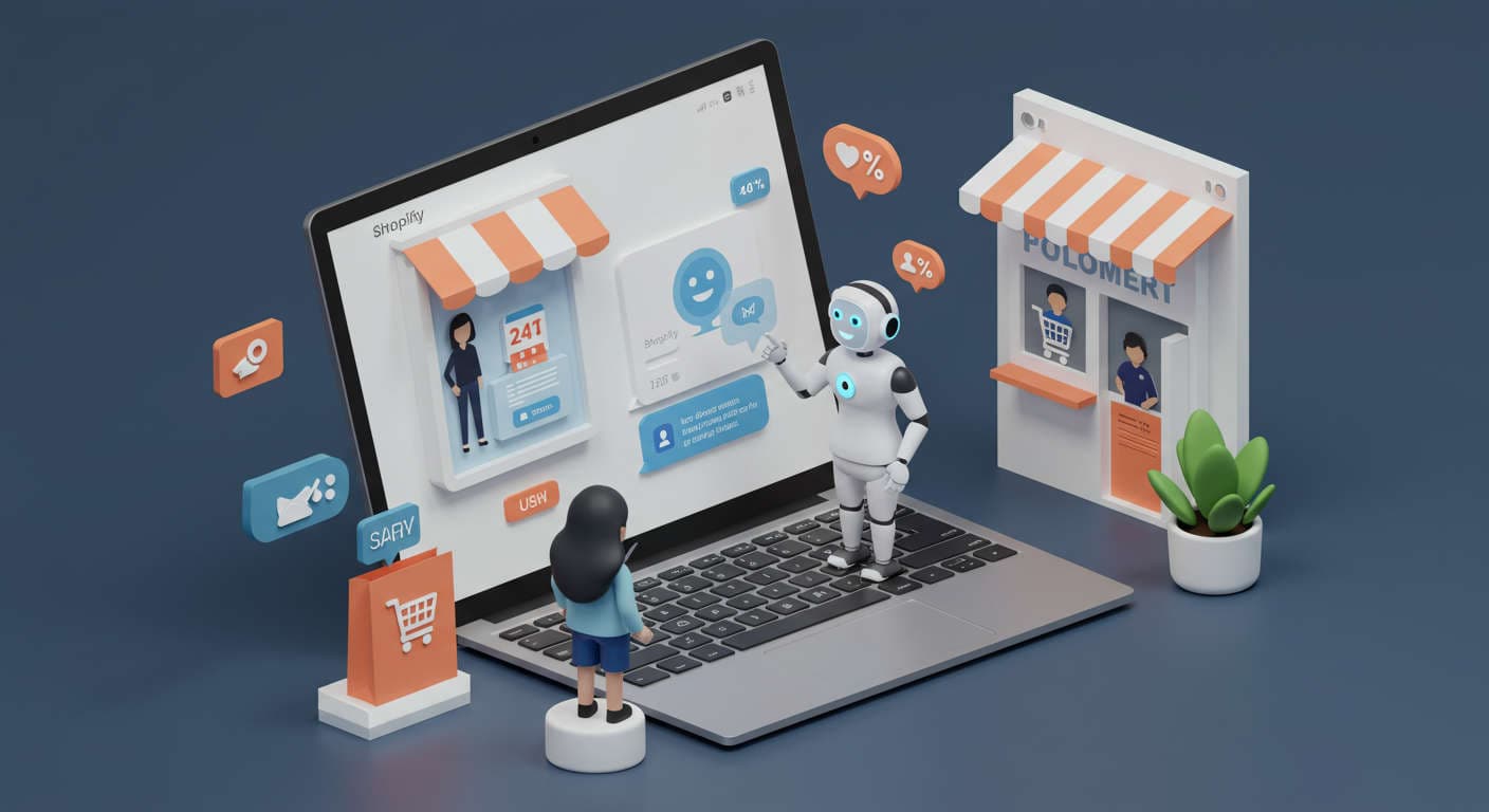 A modern AI virtual assistant bot interacting with customers on a Shopify online store interface, symbolising 24/7 customer support automation for small businesses and startups.