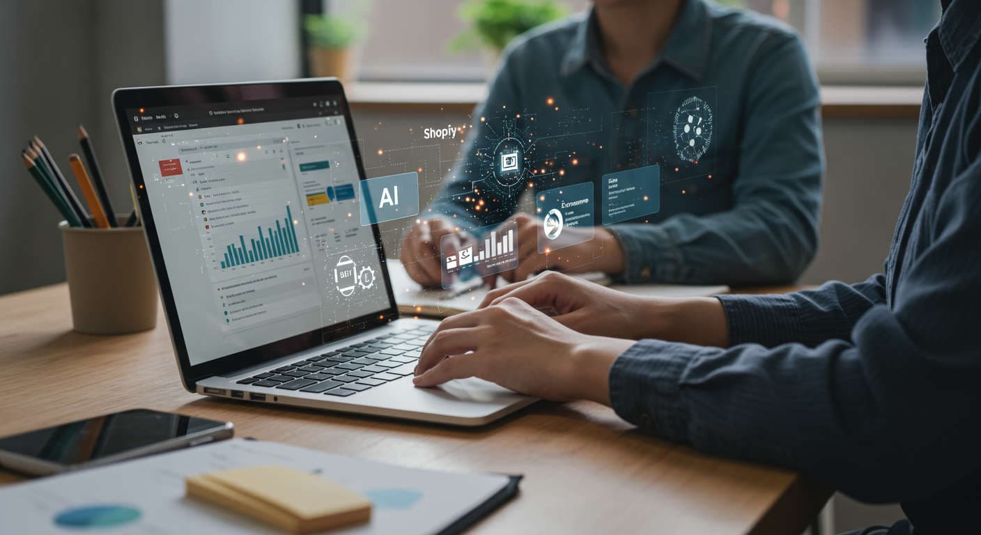 Small business owner using laptop with Shopify dashboard, surrounded by AI automation and inventory management icons in a bright, organised workspace