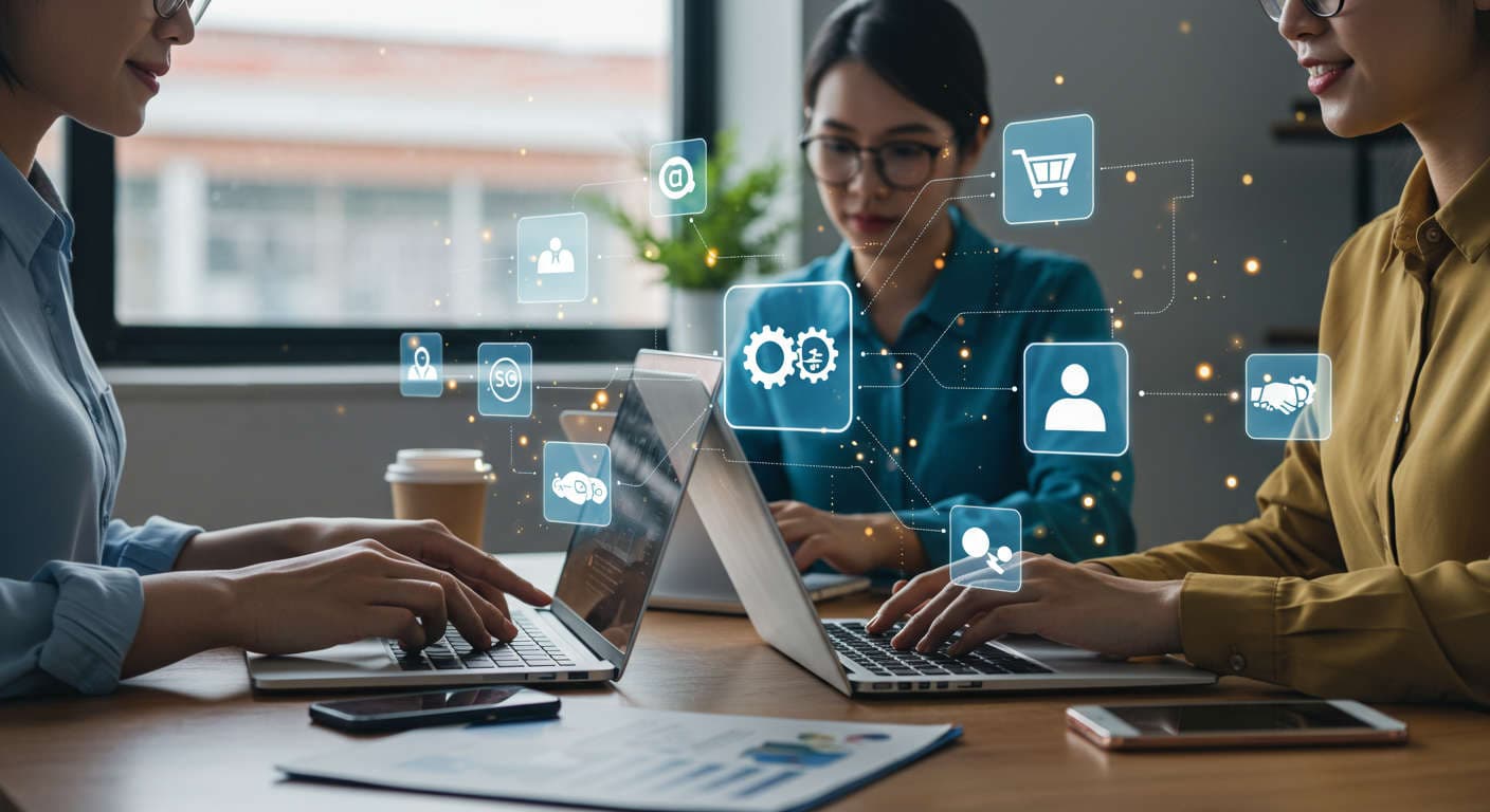 Diverse small business owners and startup entrepreneurs using AI virtual employees on devices with digital marketing and ecommerce icons, symbolising automation and integration with WordPress and Shopify.