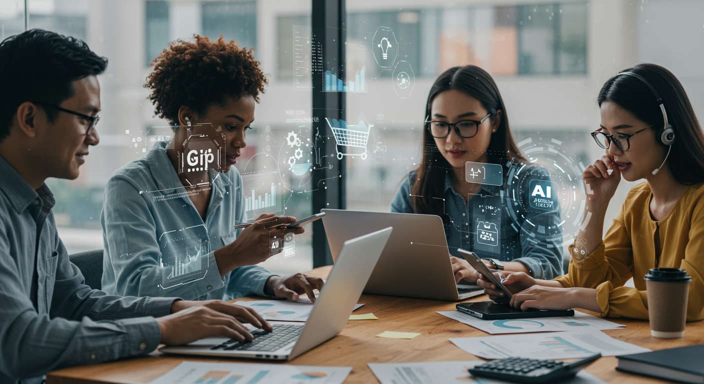 Diverse small business owners and startup entrepreneurs collaborating with AI virtual assistants on digital devices, symbolising AI automation driving growth and efficiency in marketing, customer support, and ecommerce for SMBs.