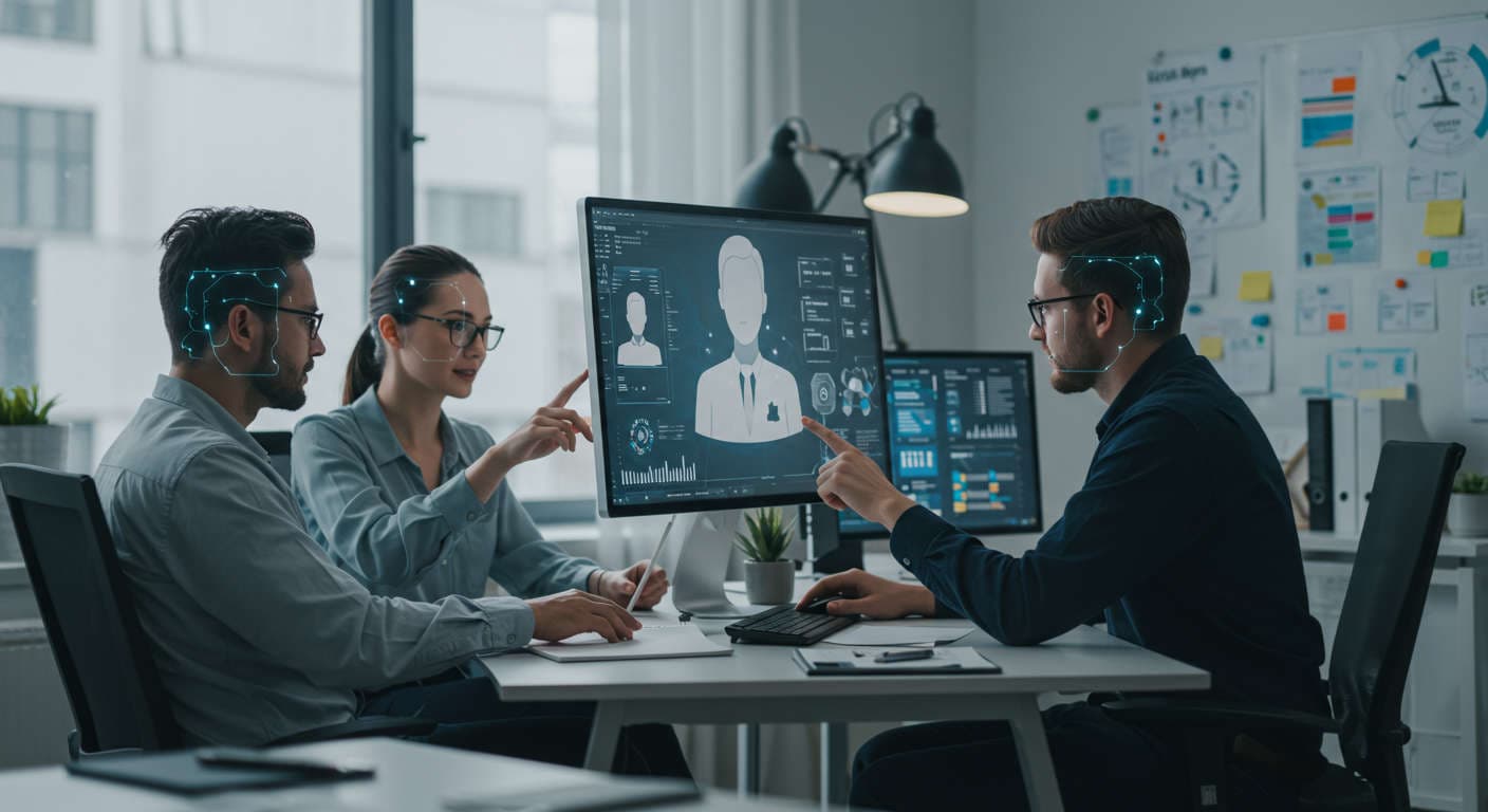 A modern small business office with a diverse team interacting with AI virtual employee technology on screens, showcasing automation and digital collaboration