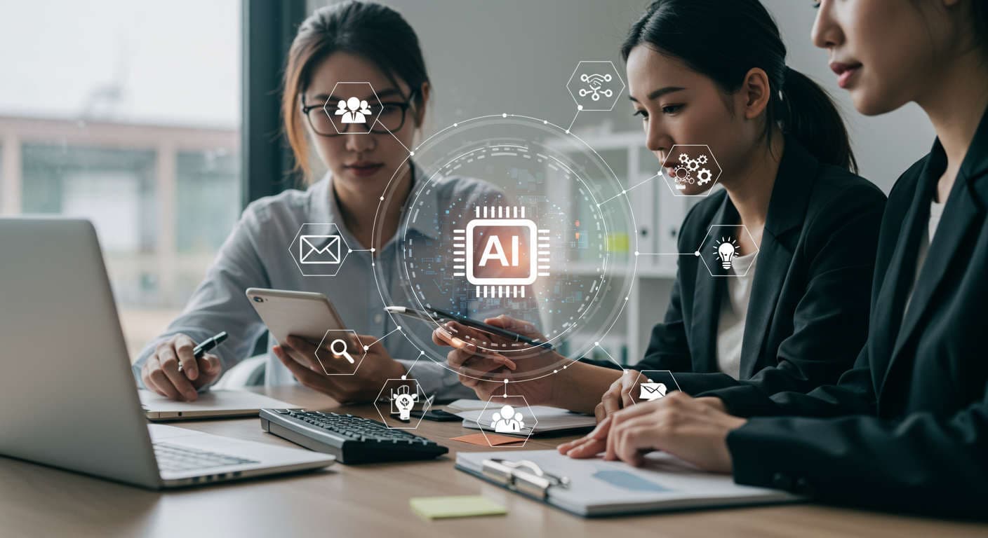 A diverse small business team collaborating with digital devices, surrounded by AI and email marketing automation icons in a modern office environment