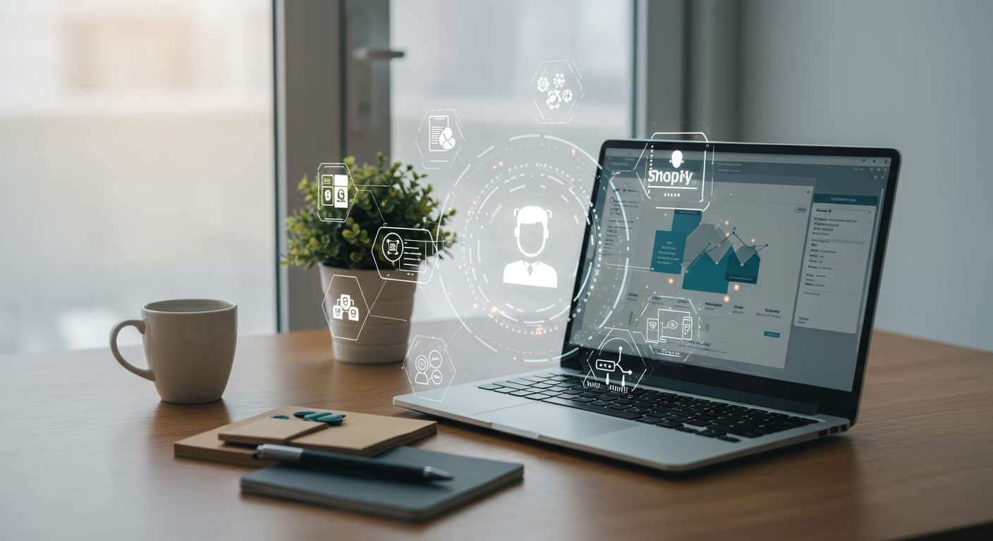 Modern e-commerce workspace with laptop displaying Shopify dashboard, surrounded by AI and automation icons symbolising AI virtual employee managing inventory and seamless stock monitoring for SMBs.