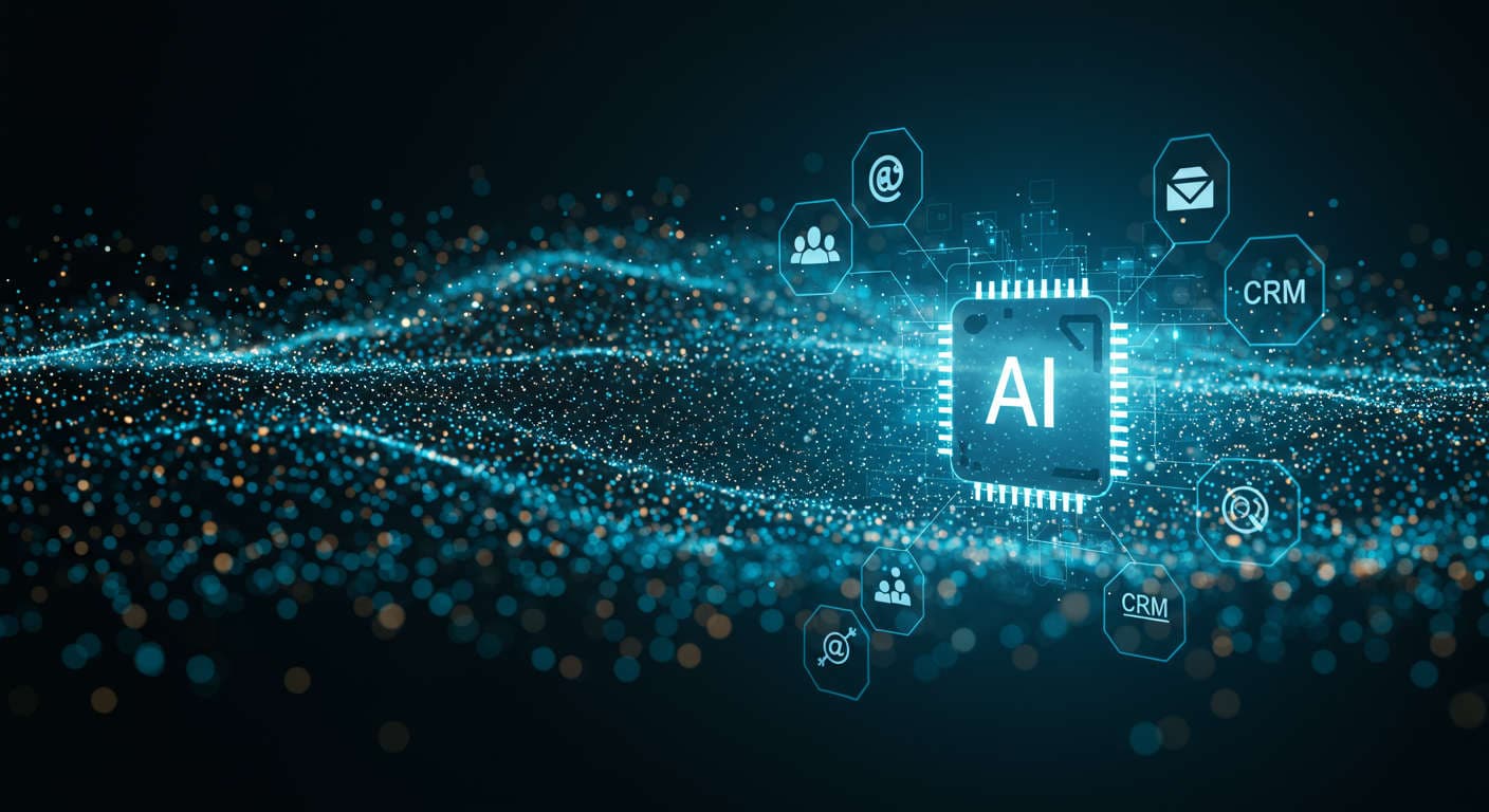 Modern digital marketing concept showing AI technology integration with small business growth, featuring abstract AI elements, digital data streams, and business icons like charts, email, and CRM symbols in blue and green tones