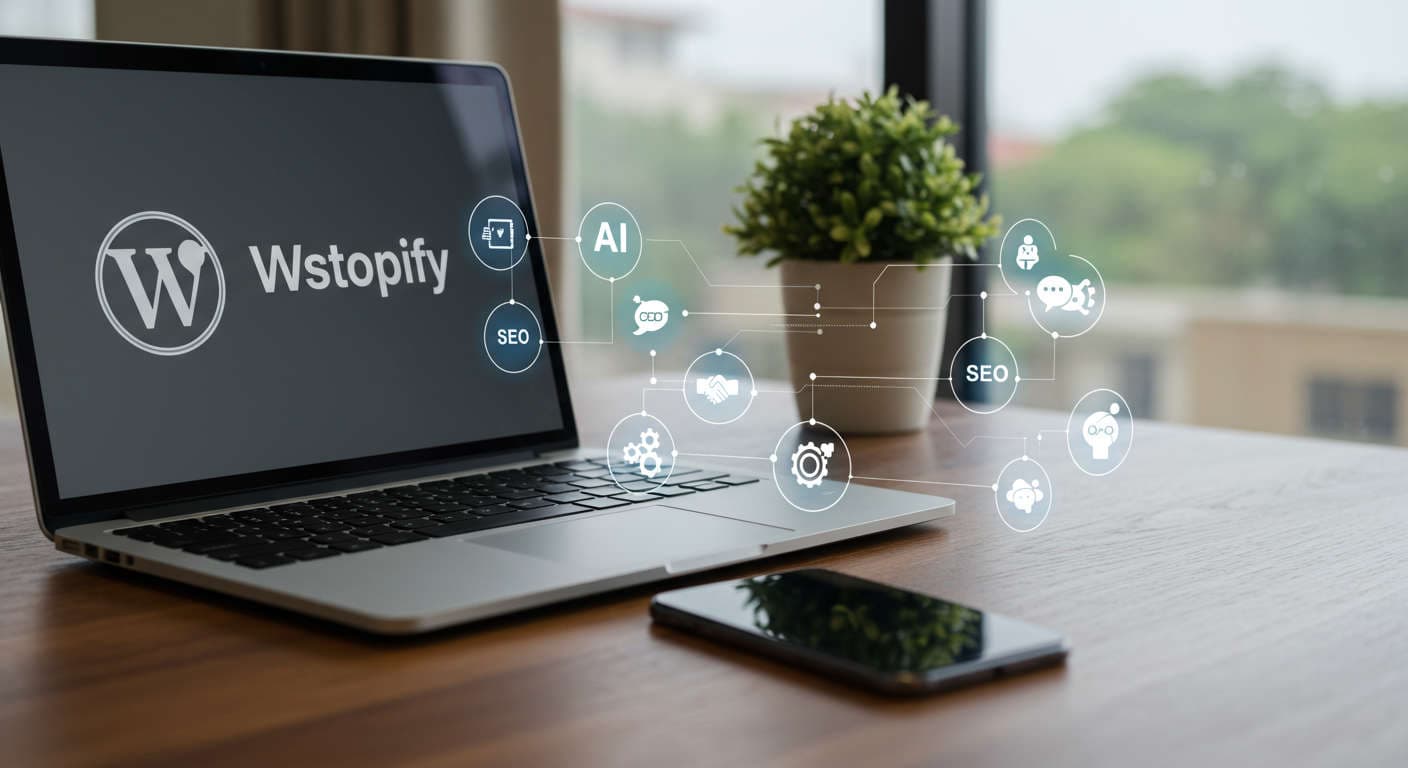 Modern workspace with laptop and smartphone showing WordPress and Shopify logos, surrounded by AI automation, SEO, chatbot, and workflow icons representing no-code AI automation for SMBs and startups