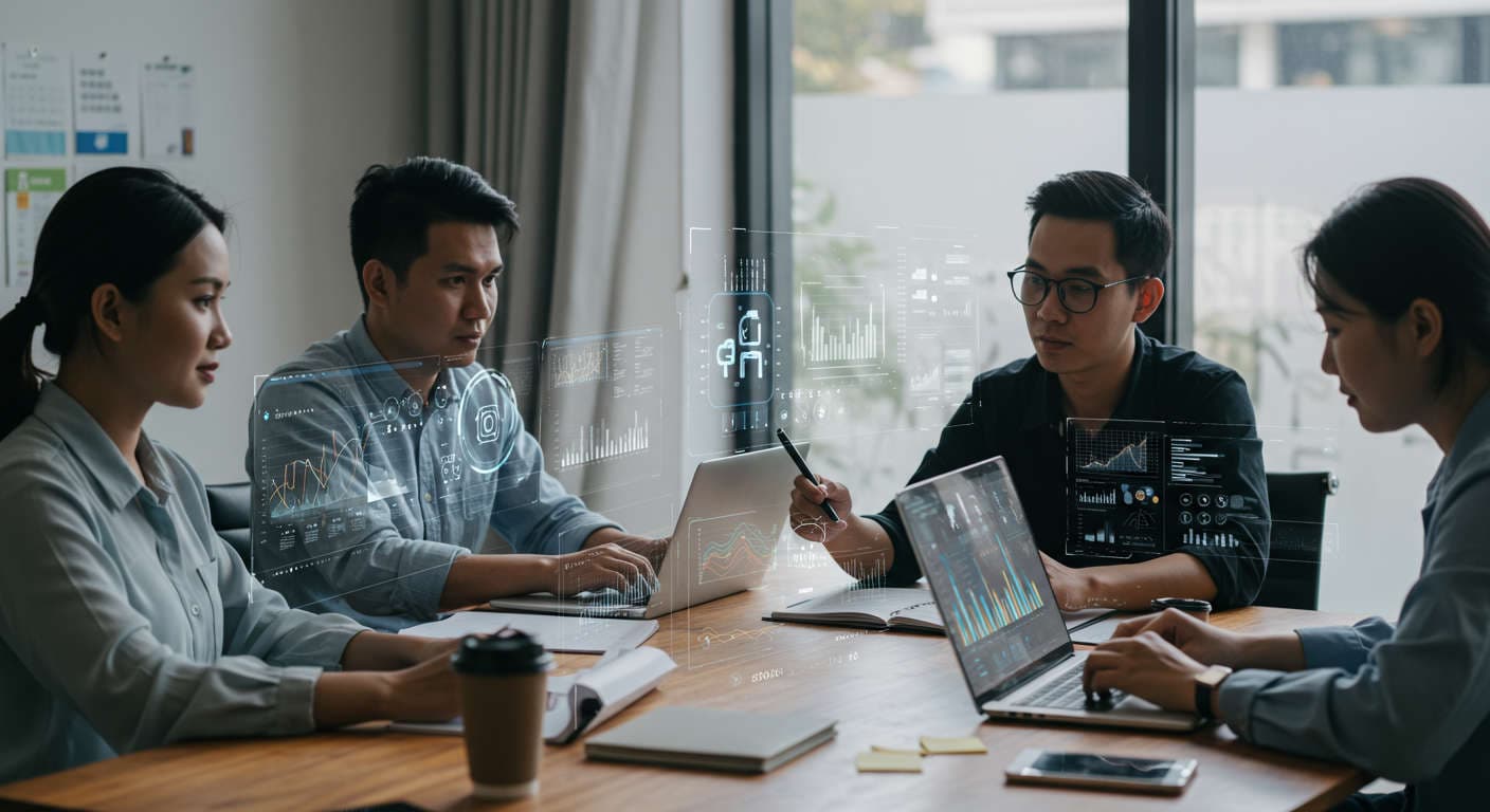 Diverse small business owners and startup entrepreneurs using AI technology with digital dashboards showing automation and ROI analytics in a modern office setting