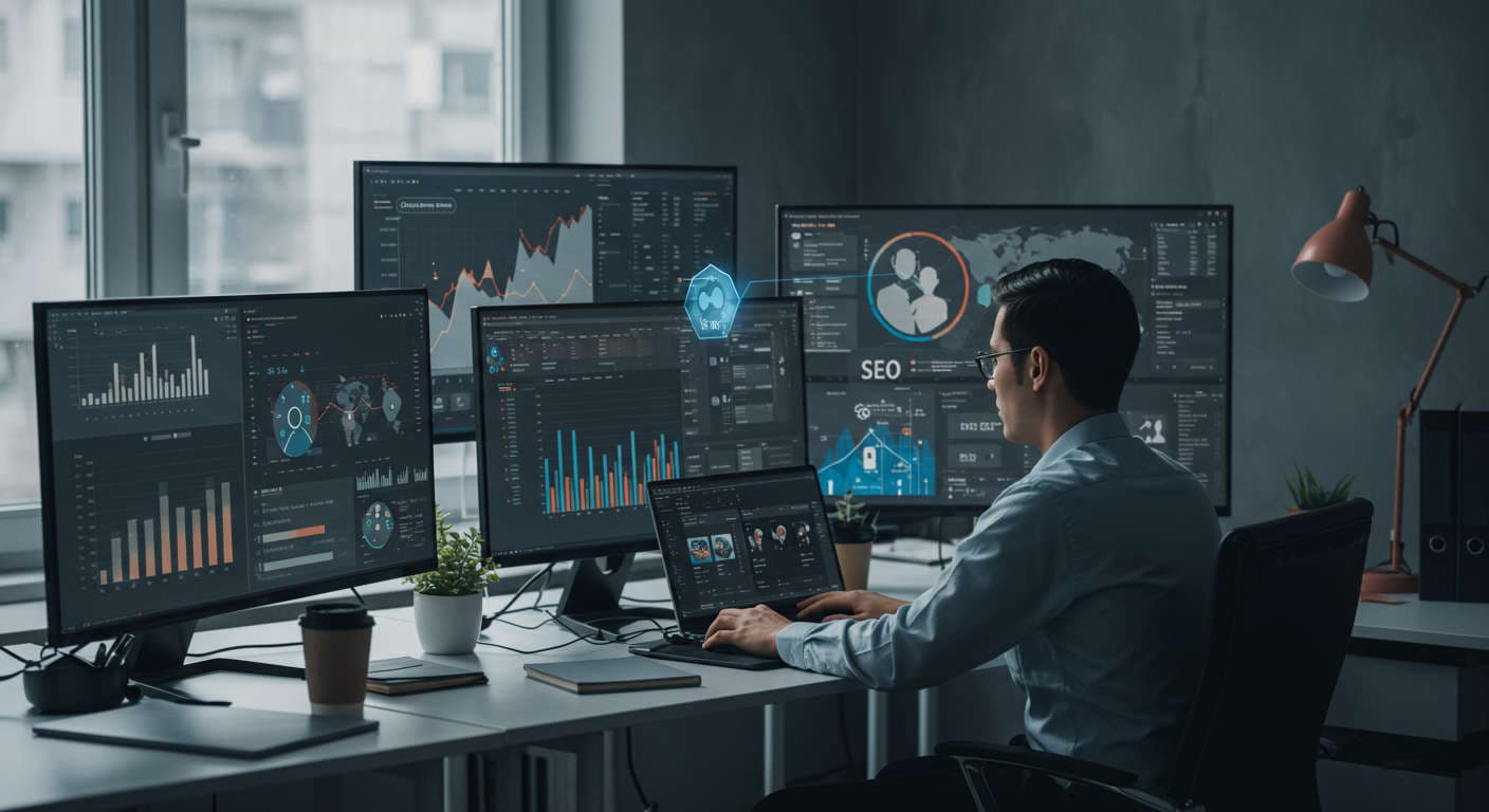 Small business owner working with AI virtual employees on multiple screens showing SEO, marketing, and e-commerce automation in a modern office environment