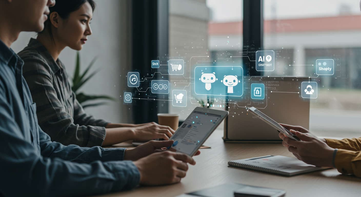 A modern small business office with a diverse team using laptops and tablets, showcasing AI chatbot automation on screens with WordPress and Shopify icons, symbolising AI customer support and automation for SMBs and startups.