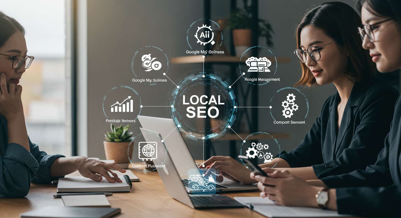 Small business owners using AI technology on laptops and smartphones to automate local SEO tasks with icons for keyword research, Google My Business, review management, content publishing, and competitor monitoring in a modern office setting