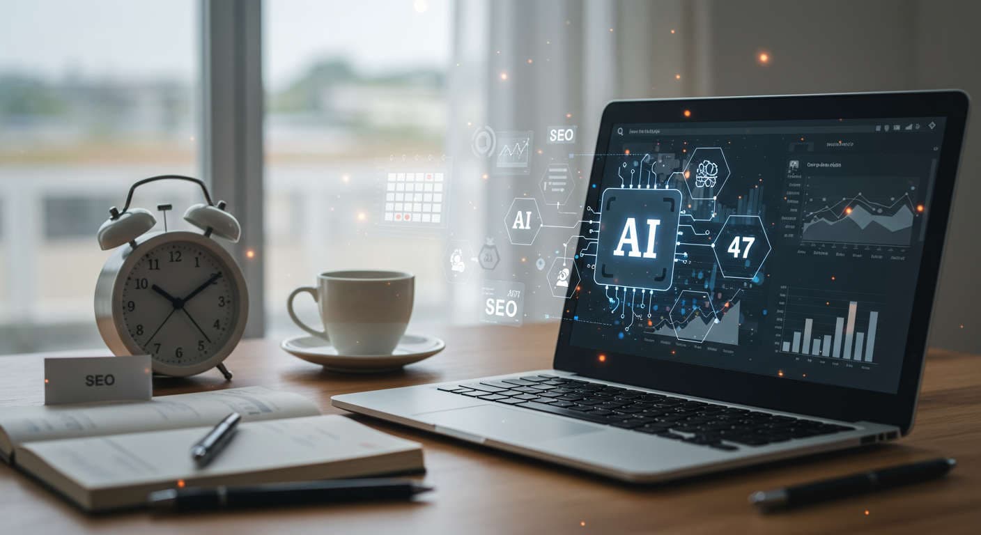 Modern workspace with laptop showing WordPress dashboard and AI automation icons, surrounded by digital calendar and SEO graphs symbolising 24/7 AI content automation for small businesses and startups