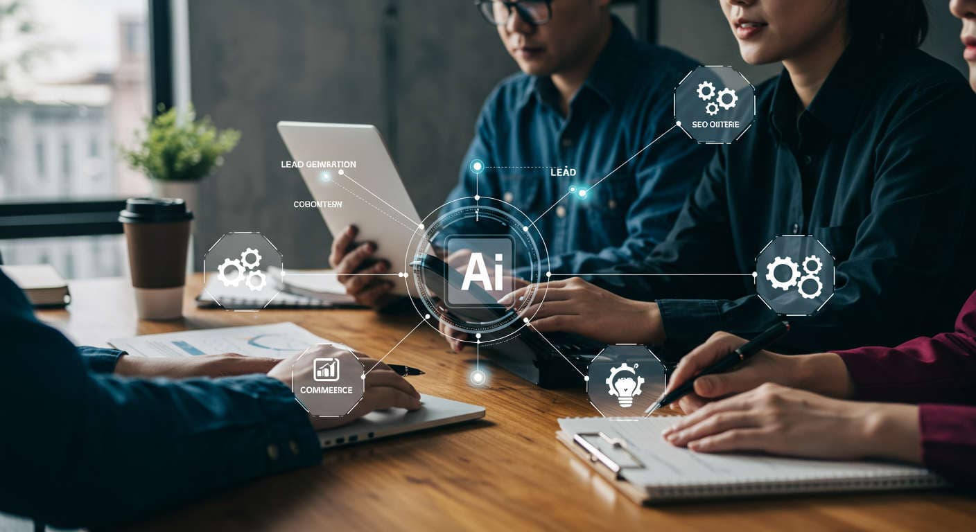 Small business owners and startup entrepreneurs using AI technology for lead generation and marketing automation in a modern office setting