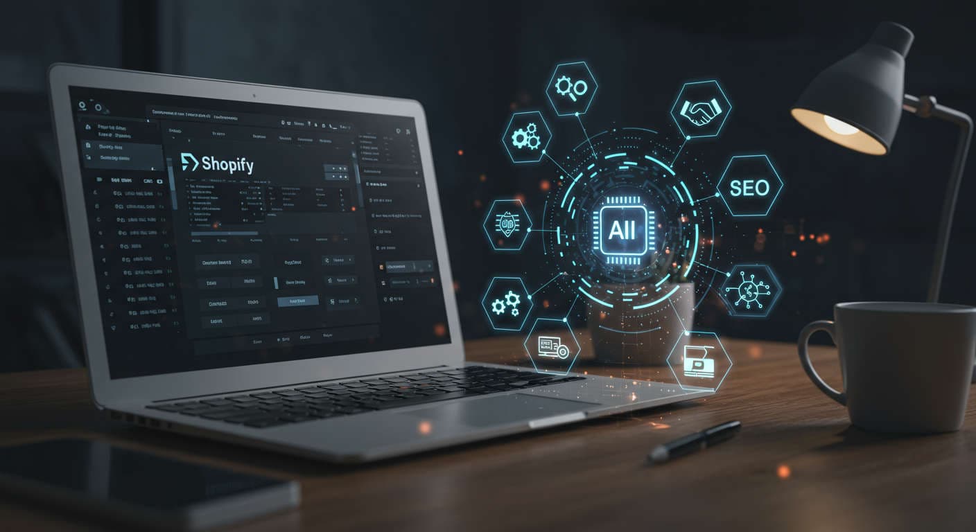 Modern e-commerce workspace with a laptop displaying Shopify interface and an AI virtual assistant hologram, symbolising AI automation and SEO optimisation for product descriptions