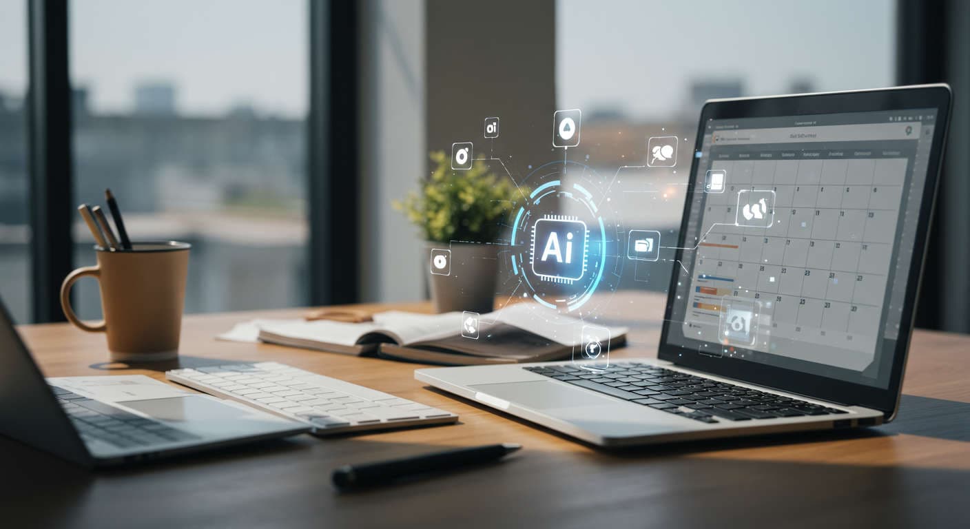 Modern office workspace with laptop showing AI content calendar and social media icons representing AI content scheduling and automation for SMBs and startups