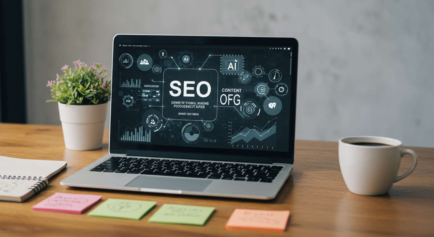 Modern office workspace with laptop showing SEO analytics and AI content tools, symbolising AI-driven SEO content publishing for SMBs and startups