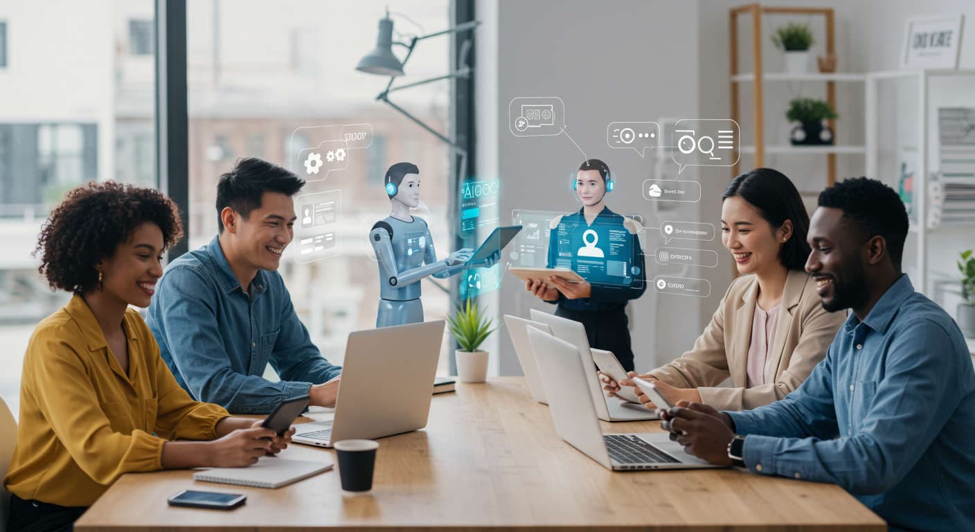 Diverse small business owners engaging with AI virtual employees on digital devices, symbolising automation in local service marketing and SEO content creation