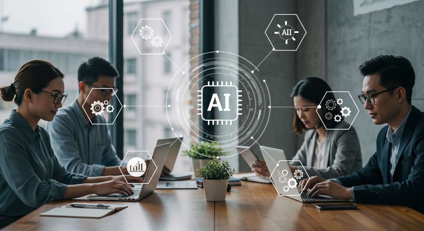 Modern small business office with diverse professionals using laptops and digital devices, surrounded by AI and automation icons representing AI content creation and lead nurturing for SMBs and startups.