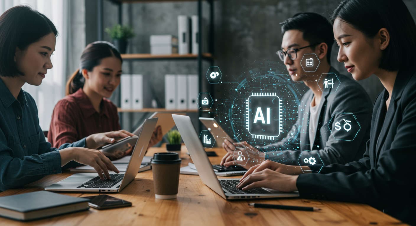 Diverse small business owners and startup entrepreneurs using AI technology with digital marketing icons symbolising lead generation and traffic growth in a modern office environment