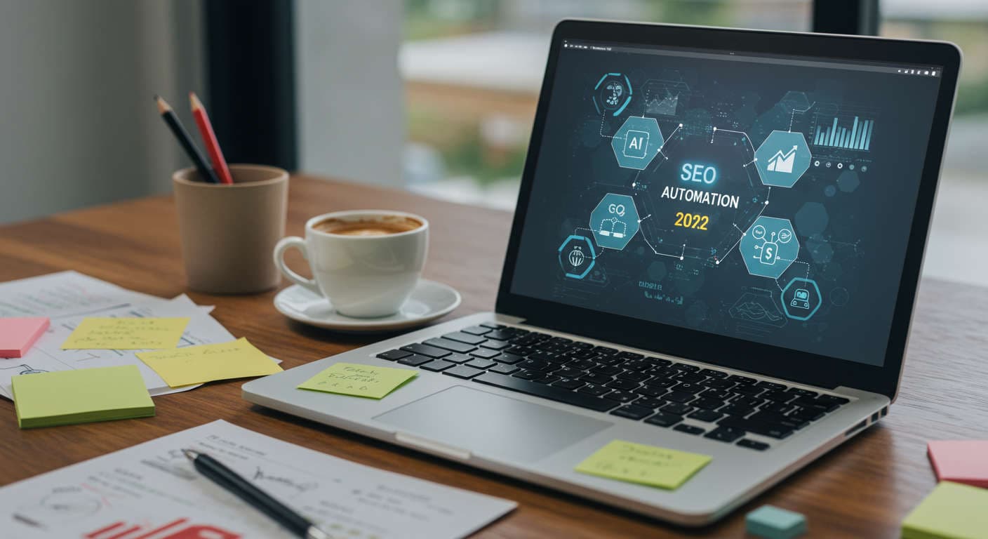 Modern workspace with laptop showing SEO analytics and AI automation software, symbolising AI-driven daily content publishing and SEO growth for SMBs and startups