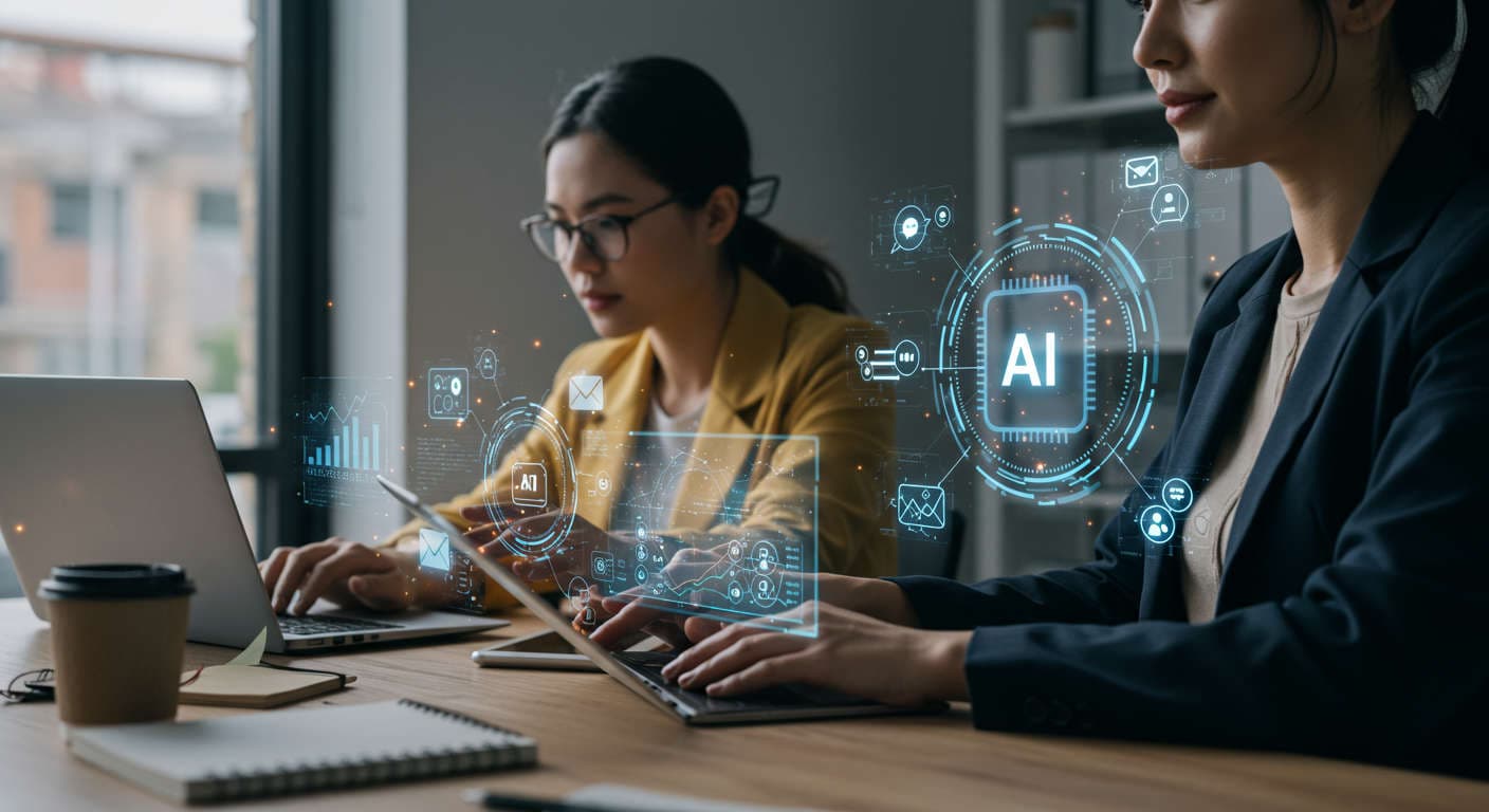 A diverse small business team using AI technology for lead generation and digital marketing in a modern office environment with elements representing automation and multi-channel workflows.