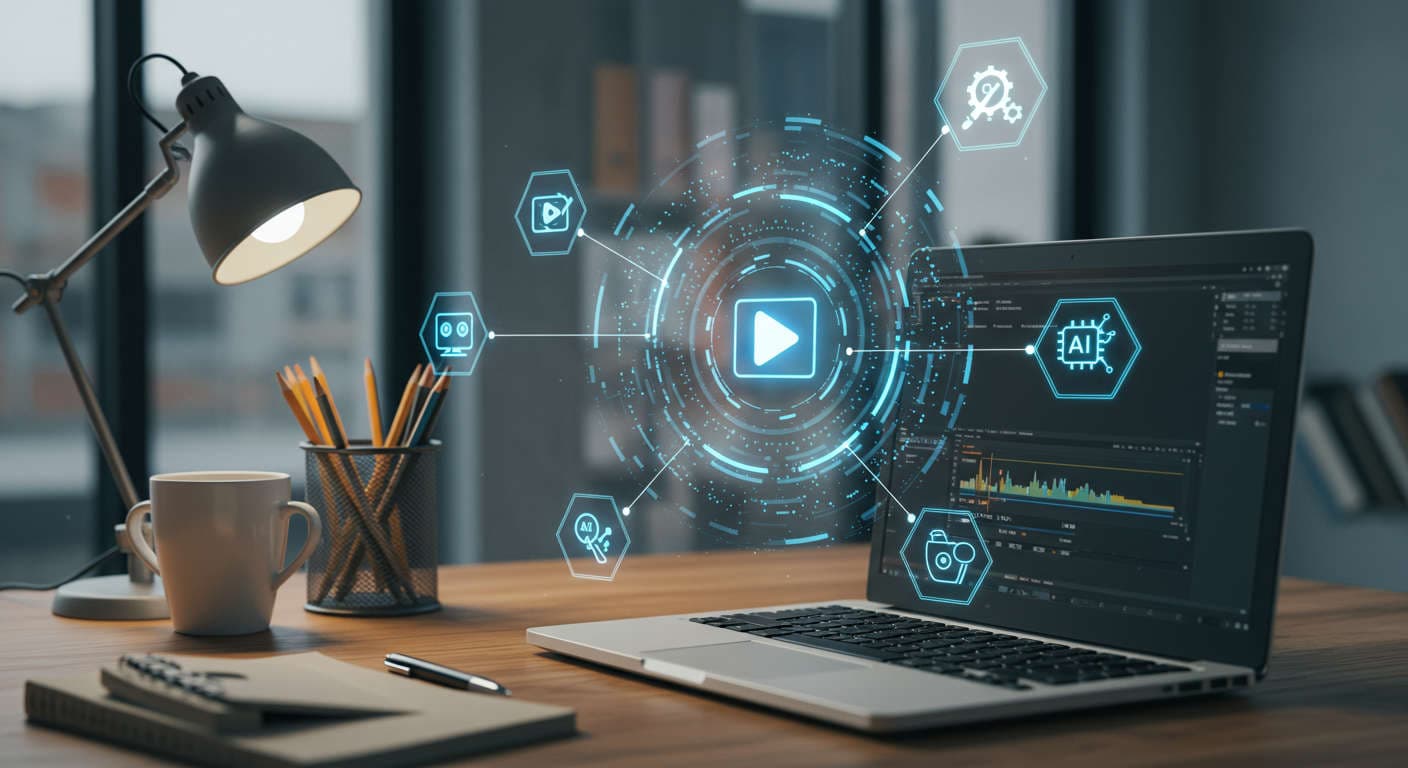 Modern small business office with laptop showing video editing software and digital icons symbolising AI, automation, and video marketing creativity