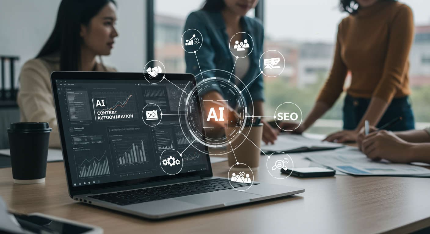 A modern small business office with a laptop showing AI content automation software, surrounded by icons for lead generation, SEO, and digital marketing, with diverse team members collaborating in a bright, professional setting.