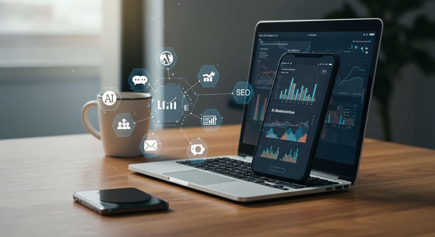 Modern workspace with laptop and smartphone showing AI automation dashboards, surrounded by icons for WordPress, Shopify, social media, email, and SEO, representing AI multi-channel automation for SMB growth