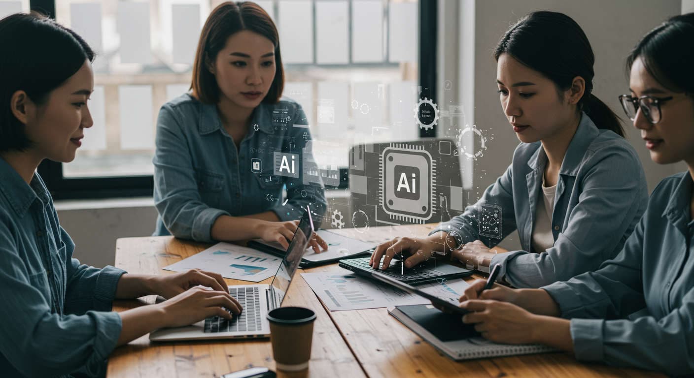 Diverse small business owners and startup entrepreneurs collaborating with AI technology on laptops and digital devices, analysing competitor data and keyword research in a modern office setting representing AI-powered business growth and marketing automation