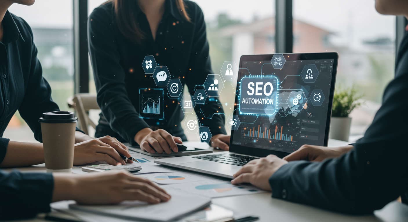 Modern small business office with laptop showing SEO analytics and AI automation software, diverse team collaborating with digital marketing icons, representing AI-powered daily SEO content automation for SMBs