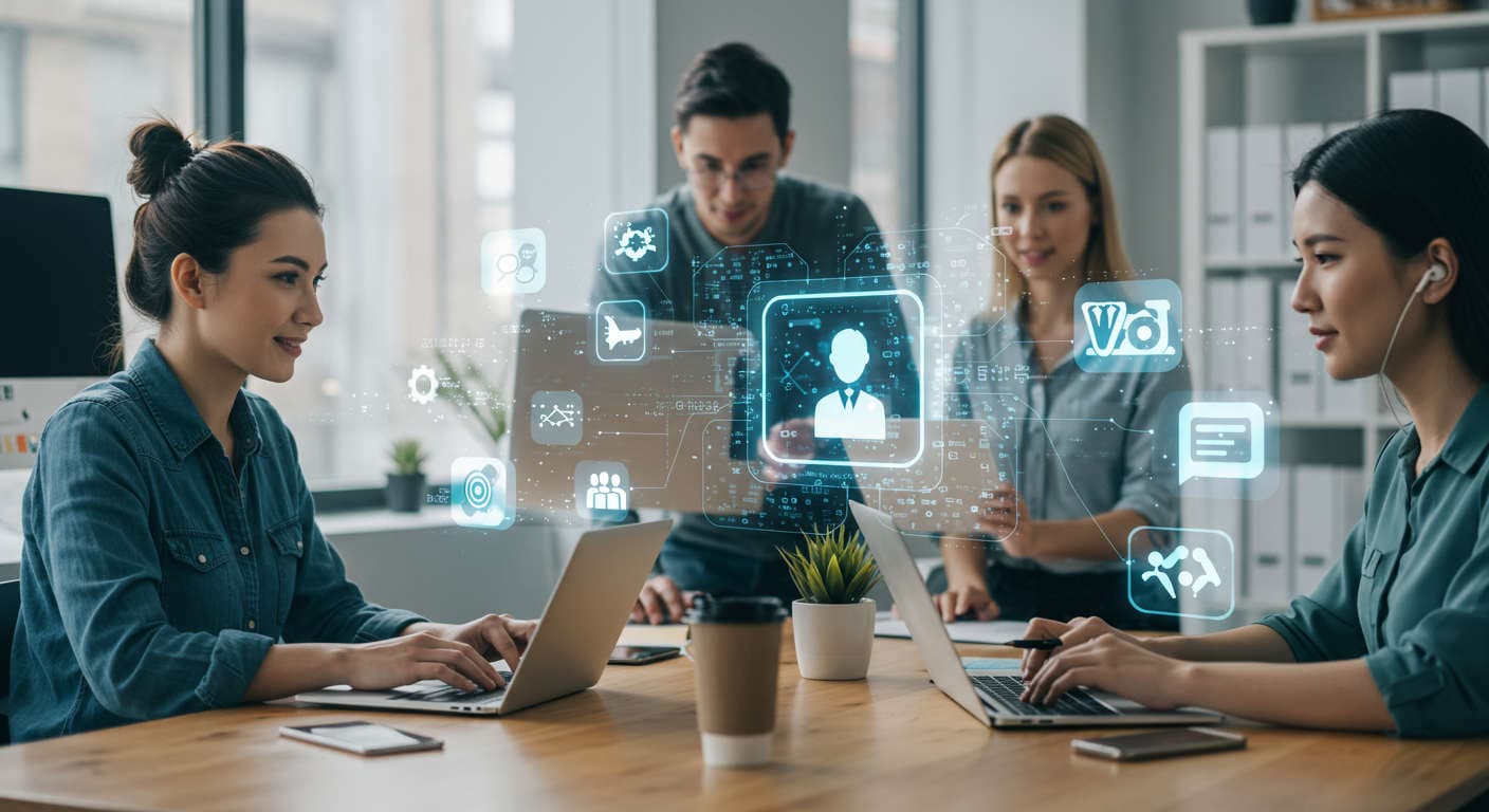 Modern small business office with diverse professionals using AI technology for marketing automation, content creation, lead generation, and customer support, highlighting WordPress and Shopify integration for seamless AI-powered growth.