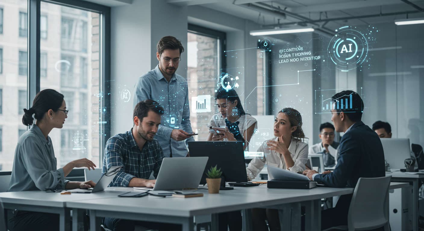 A modern small business office with a diverse team collaborating, digital screens displaying AI content automation and lead nurturing workflows, symbolising SMB growth and technology integration