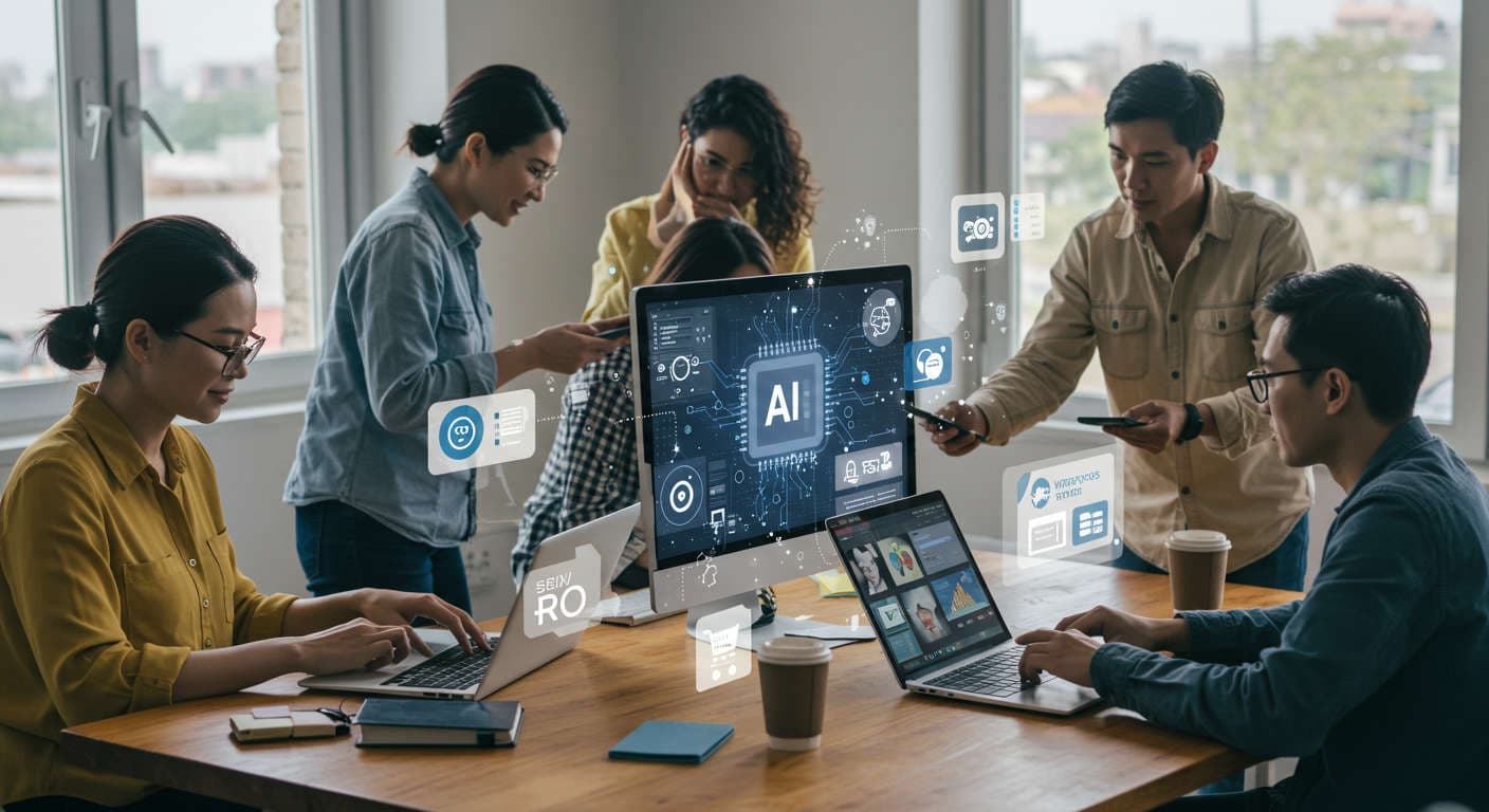 Diverse small business owners and startup founders using AI technology on laptops and mobile devices in a modern digital workspace representing AI automation and growth.