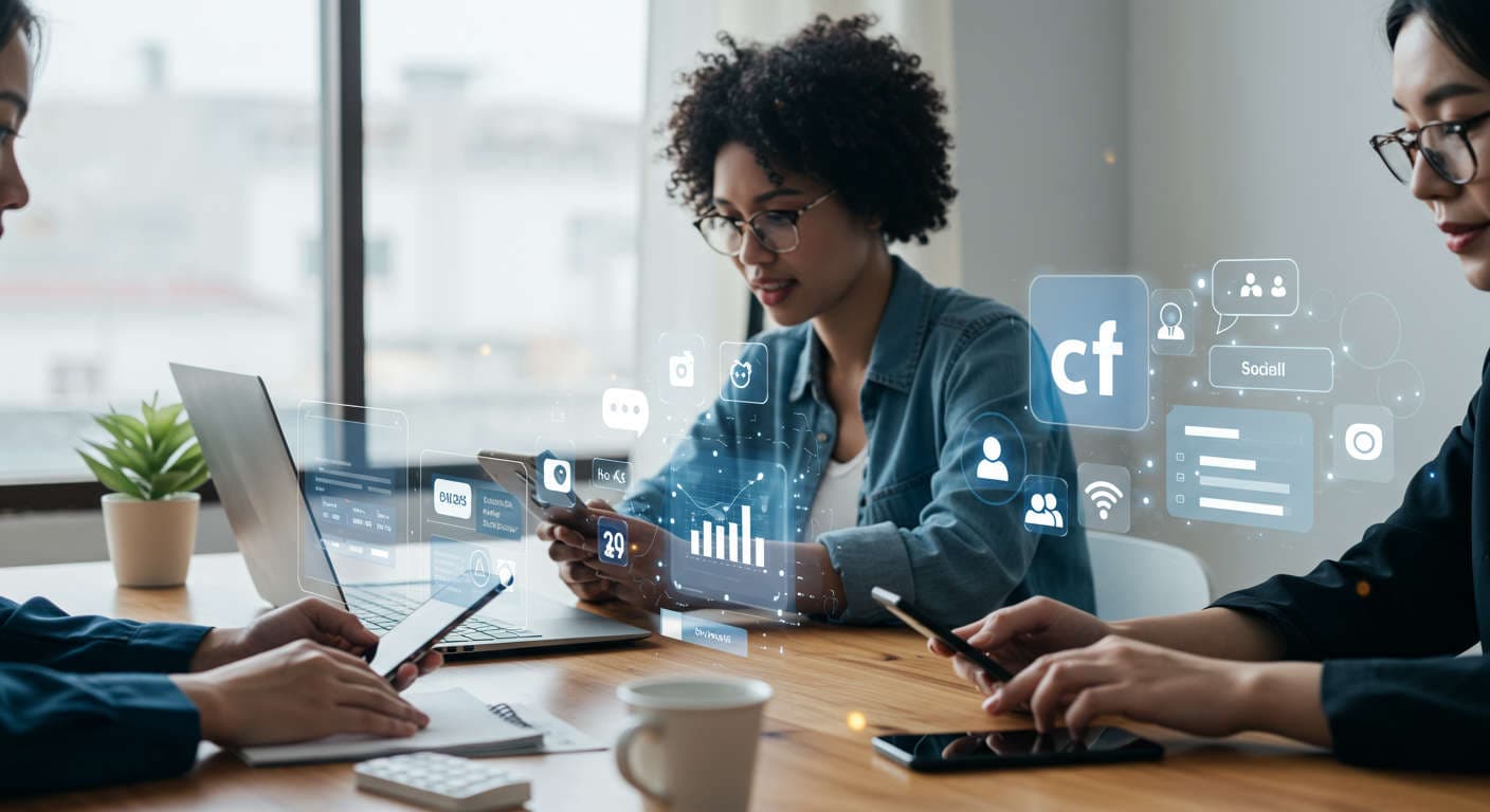 Small business owners and startup entrepreneurs using AI technology for social media scheduling with icons of Facebook and LinkedIn, showcasing AI virtual assistant automating tasks in a modern professional setting.