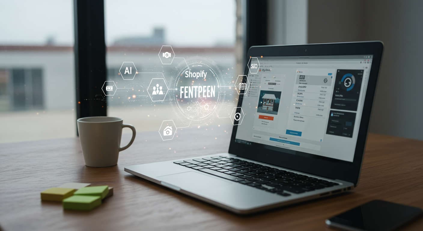 Modern ecommerce workspace with laptop displaying Shopify dashboard and digital icons representing AI automation and SEO for small businesses and startups