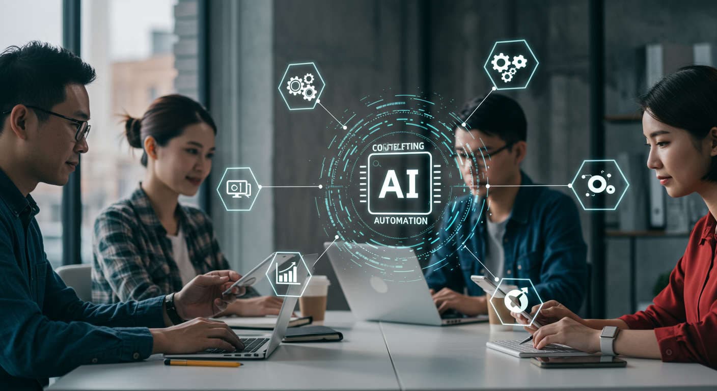 A modern small business office with a diverse team working on laptops and digital devices, surrounded by AI and automation icons symbolising content creation and lead nurturing for SMBs.