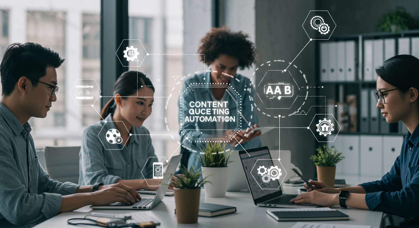 Modern small business office with diverse professionals using laptops and digital devices, surrounded by AI and automation icons symbolising content creation, lead nurturing, and marketing automation for SMB growth and efficiency